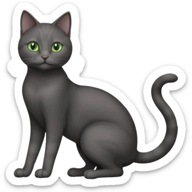 full body gorgeous solid dark grey cat with green eyes, white paws and white whiskers stretching like a cat sticker