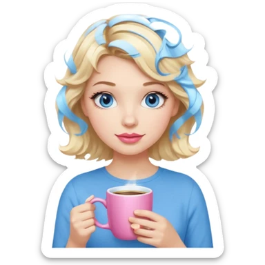 Girl Blonde short wavy hair,  blue eyes, cute blue top, long lashes, pink lips, holding coffee mug sticker