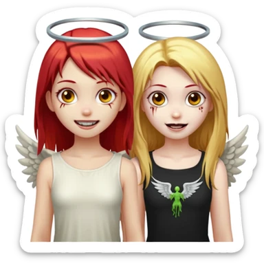 девушка ангел с нимбом и крыльями, с рыжими прямыми волосами по плечи, с улыбкой, стоит рядом с девушка зомби с темными длинными прямыми золосами, со злым выражением лица и ровными белыми зубами в стиле Apple avatar sticker