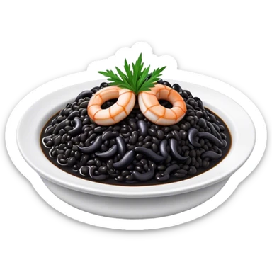 Cinematic Realistic Black Risotto Dish Emoji, showcasing a rich squid ink-infused risotto rendered with bold textures and dynamic, dramatic lighting. sticker