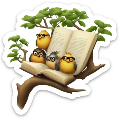 three birds in a tree but one of them wearing glasses and hanging a book sticker