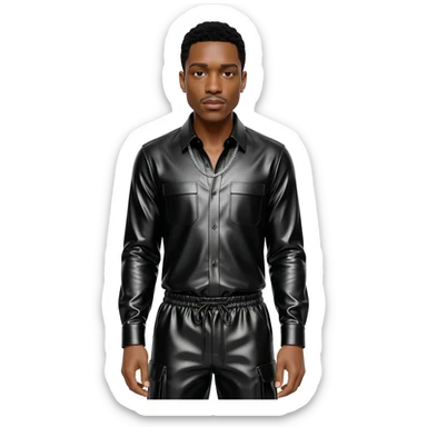 Usher with black hair, black metallic shirt, black metallic baggy pants, silver necklace sticker