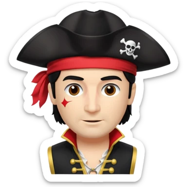 Captain Feathersword of The Wiggles with light skin, brown eyes, black hair, black pirate hat, white pirate shirt with red vest, one eye patch sticker