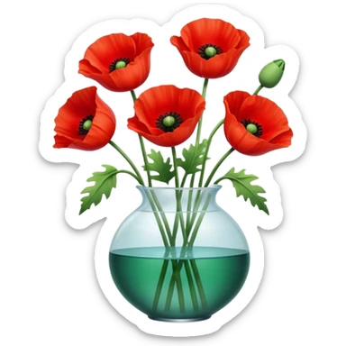 three big realistic poppy flowers in a clear vase with clear water sticker