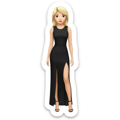 Blonde woman, Long black tight sleveless Dress, Slot left leg sticker