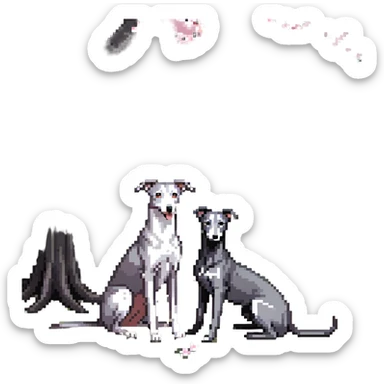 A very beautiful and attractive 25-year-old Chinese woman with long flowing black hair and a pure solid dark grey whippet with ABSOLUTELY NO white markings anywhere on its body sitting under a cherry blossom tree. The whippet must be completely solid dark grey with no white on chest, no white on muzzle, no white on paws - entirely one solid dark grey color. sticker