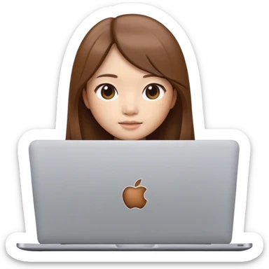 memoji of a chinese girl with brown long straight hair with a laptop, apple style memoji style sticker