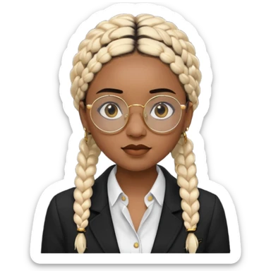 a young woman wearing fine gold round glasses and black hair in braids, she has light black skin, she's wearing cool professional clothes sticker