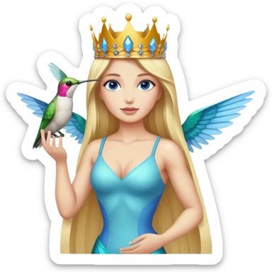 full body woman long blonde hair blue eyes white skin muscular build hummingbird crown and nectar flask sticker