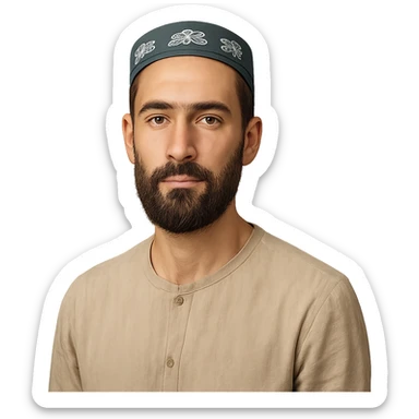 A Tajik man with a slender build, oval face, broad forehead, straight nose, expressive brown eyes, thick eyebrows, dark straight hair, warm-toned skin, and a bigger, neatly kept beard sticker