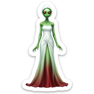 reptilian green alien woman, in( long slim pastel color:#FFFFFF formal party satin dress with gradient shiny sparkling color:#800000), full figure, full body sticker