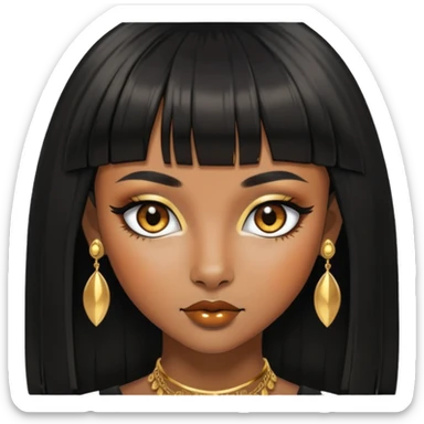 brownskin girl, fox eyes, black straight hair with bangs above eyebrowns, golden accessories sticker