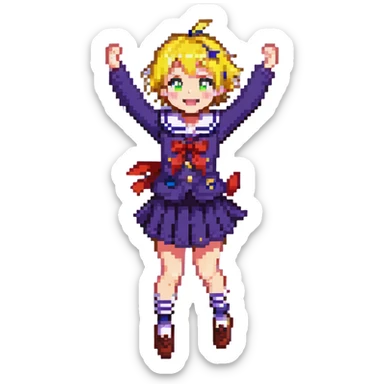Pixel art anime girl with short bright yellow hair wearing Japanese sailor style school uniform, jumping excitedly with arms raised high, big smile and sparkling happy eyes sticker