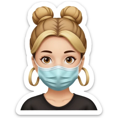 bun haired woman with covid mask sticker