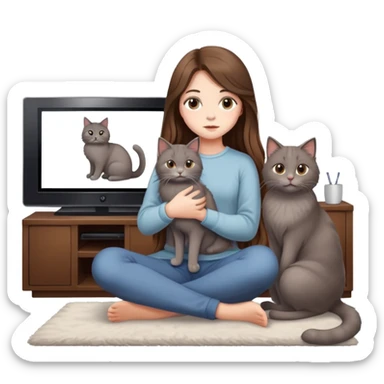 Generate a full-body picture of a beautiful girl with long hair holding a cat and watching TV sticker