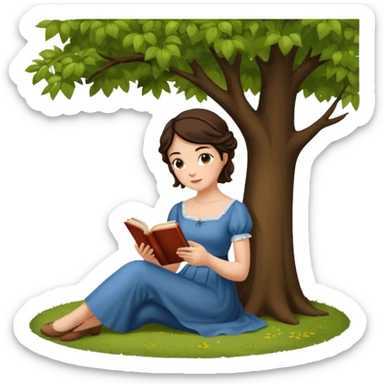 Jane Austen inspired brunette character reading a book outdoors, sitting under a tree sticker