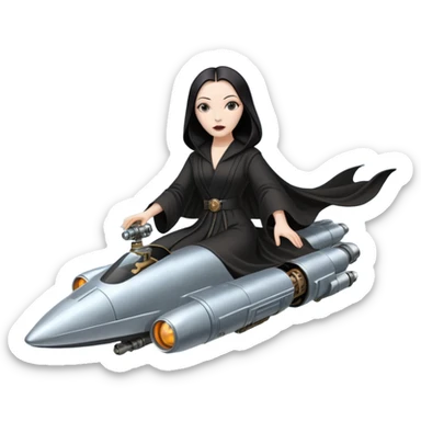 Jedi teen Morticia Addams flying a chrome accented Jumpspeeder anti-gravity repulsorlift powered by an imperial speeder steampunk  sticker