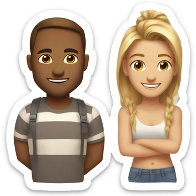 Woman an man smiling, woman slighlty sunkissed, Brown straight hair in a ponytail, man is taller man, sunkissed, blonde hair in a ponytail sticker