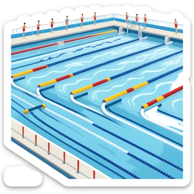 An icon featuring an Olympic swimming pool with multiple lanes and swimmers racing side by side. Splashes and lane dividers highlight the competition atmosphere. Transparent background emphasizes the energy, speed, and intensity of professional swimming events. sticker