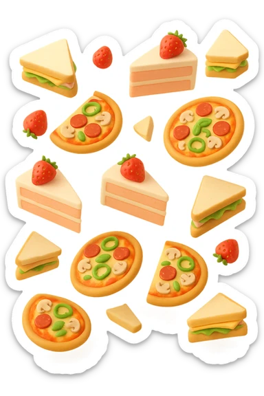 pizzette, fette di torta e panini, fluttuano in aria in 3d, sfondo bianco sticker