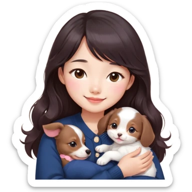 Cute asain girl with a cute smile, long dark brown wavy hair, straight bangs covering forehead, pink blushy cheeks. Wearing a cute navy blue cardigan,. Cuddling a white kitten and dashund puppy  sticker