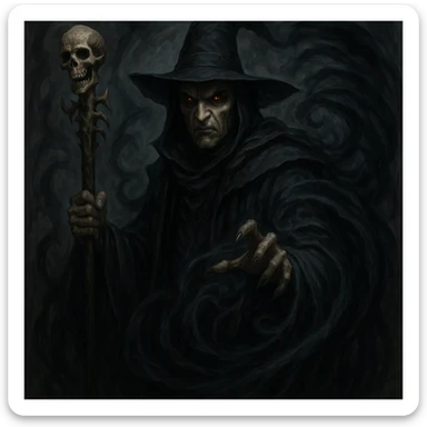 dark wizard, skeletal staff, swirling dark magic, menacing look sticker