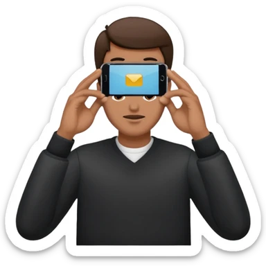 a guy holding 1 smartphone with both hands, smarphone should be horizontal, on top of his forehead sticker