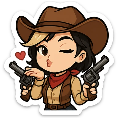 Chibi cowgirl with slightly longer hair and a blonde streak, wearing a cowboy hat and western outfit, holding two revolvers, pose blowing a kiss, playful expression, chibi/anime style, transparent background, sized for Twitch or Discord use. sticker