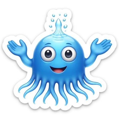 a happy blob of water creature with googly eyes and long water hands sticker