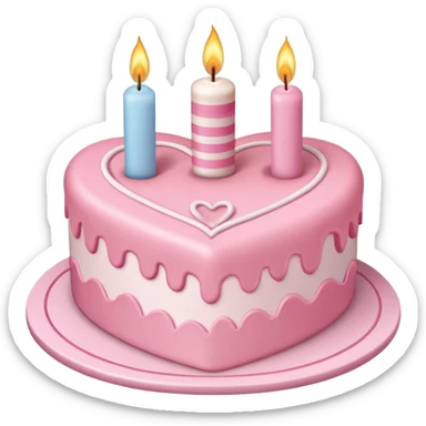 heart shaped birthday cake, pastel pink color, with one candle, cute design sticker