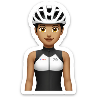 Ciclista MUJER de piel morena clara de contextura delgada estatura alta con zapatillas de ruta blancas licras negras y maillot blanco casco blanco sticker