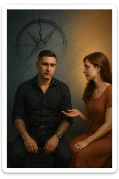 Uomo tra i 35 e i 45 anni seduto su una panchina o in una stanza tranquilla, sguardo rilassato ma spento, come sollevato nel mentale ma svuotato nello spirito. Davanti a lui una donna lo guarda con dolcezza, mano tesa come per offrire una soluzione. L’ambiente attorno all’uomo è grigio-bluastro, con la sua aura maschile che si dissolve leggermente, mentre intorno alla donna una luce calda e stabile. Sullo sfondo, un simbolo spezzato di bussola o direzione, a indicare la perdita di leadership interiore. Atmosfera riflessiva, stile realistico con simbolismi delicati sticker