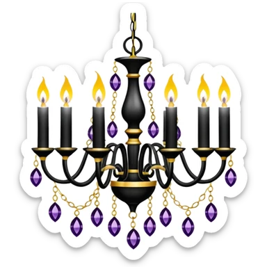 Luxurious black and white chandelier with gold and amethyst crystals, fake electric candles sticker