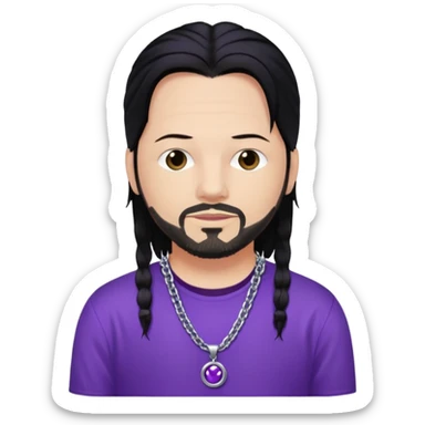 Jonathan Davis with black hair, purple shirt sticker