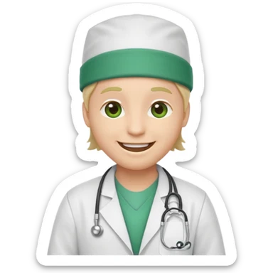 iPhone emoji style big smiling face, over-the-top grin, dressed as a doctor with a white lab coat and green surgical cap sticker