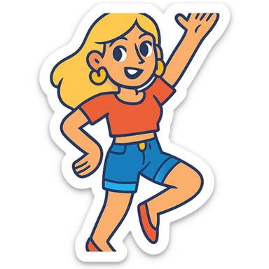 blonde woman with gold earrings, wearing a crop top shirt and jean shorts, in a fun and stylish pose, vibrant toon style, colorful, cheerful sticker