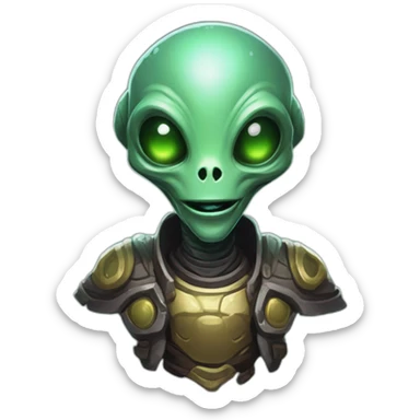 alien with a happy face futuristic roguelike rpg style inspired by hearthstone sticker