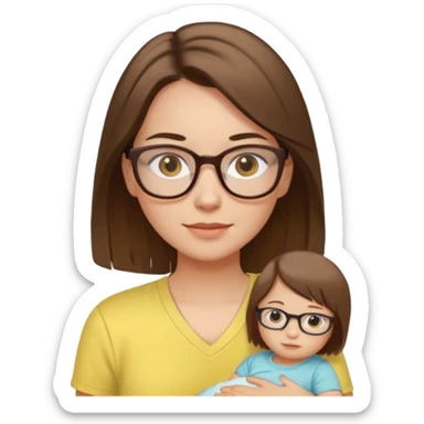 Hawaii female with white skin. Shoulder length straight brown hair. Brown eyes with glasses. Female wearing baby yellow shirt. sticker