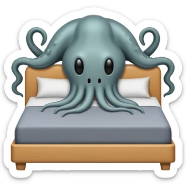 Minimalist emoji-style sticker of a bed with a covered figure and something strange peeking out from underneath. Grayscale only, simple icon.

 sticker