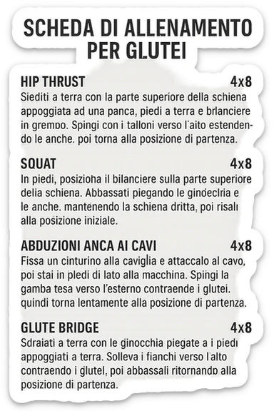 scheda di allenamento glutei in italiano con le reps scritte (tipo 4x8 ecc), iperrealistico 4k sticker