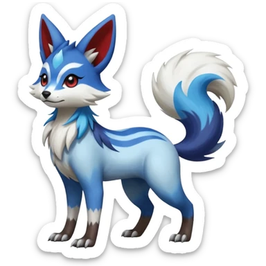 Blue, indigo, white, black Hyper-realistic Colorful Skilled Adept Graceful Asian Painted Meloetta-Furret-Lycanroc-Zangoose-fusion-hybrid-creature (full body) sticker