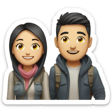 Cute young  Asian couple excitedly traveling  sticker