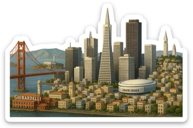 cinematic realistic emoji of San Francisco, panoramic city view with Golden Gate Bridge, Transamerica Pyramid, Chase Center, The Embarcadero, Ghirardelli Square, Alcatraz Island, Bay Bridge, Coit Tower, UC Berkeley belltower and Stanford Hoover Tower in the far background. Lifelike detail, accurate colors, bright daytime, no sky, no clouds, no labels, transparent background sticker