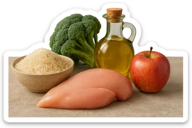 Riso basmati
Petto di pollo
Verdura fibrosa verde
Olio EVO
Mela
poggiati sul tavolo sticker