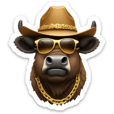 Brown Bison wearing cowboy hat and gold sunglasses and gold chain sticker