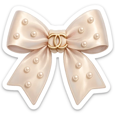 Remove the background, keep only the elegant bow with pearls and gold Chanel logo, glossy, pastel colors, realistic style, with no background. sticker