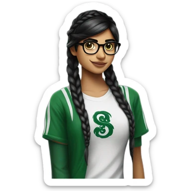 Mia Khalifa black braid white tshirt green sleeves slytherin logo sticker