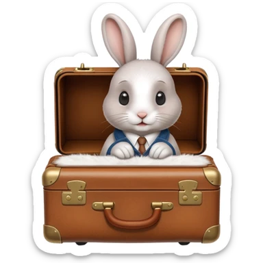 A curious rabbit nudging a tiny suitcase with its nose sticker