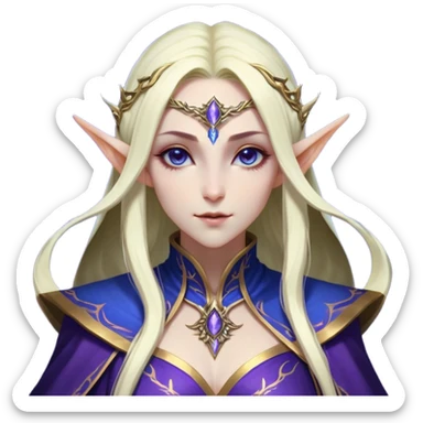 Cinematic Realistic WoW Elf Mage Portrait, head tilted epicly and inquisitively, showcasing a commanding presence and graceful arcane power. Her luminous, porcelain-like skin and delicate features, framed by an intricately detailed robe in deep blues and purples with golden accents, are rendered with lifelike clarity and dramatic, mystical lighting, high shine, epic and awe-inspiring, embodying the timeless magic of an elven mage poised to reshape destiny. sticker