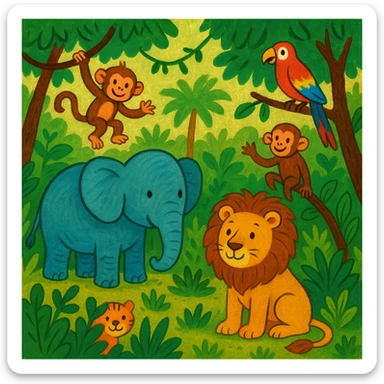 digital illustration of jungle safari in the style of children's story book sticker